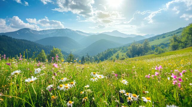 新緑の牧草地と咲き乱れる野の花があるのどかな山の風景GenerativeAI