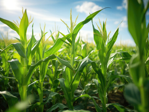 This close-up captures vibrant green biofuel crops like corn or sugarcane, highlighting their role in sustainable energy production.