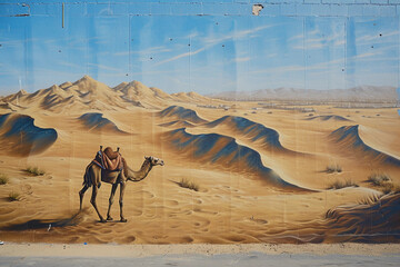 desert mural, with detailed, shifting sand dunes, a lone camel, and a mysterious oasis in the distance