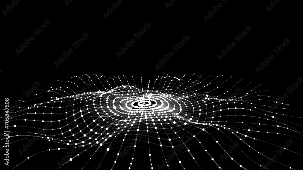 Poster Technology circle wave of particles and lines. Big data visualization. Analytics representation. Digital background. Vector illustration.
