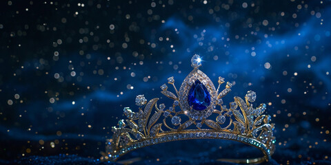 Sapphire and diamond tiara against a night sky with twinkling stars, ethereal glow, magical atmosphere