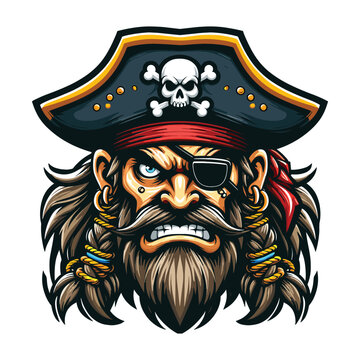 Angry pirate head face with hat and eye patch mascot design vector illustration, logo template isolated on white background