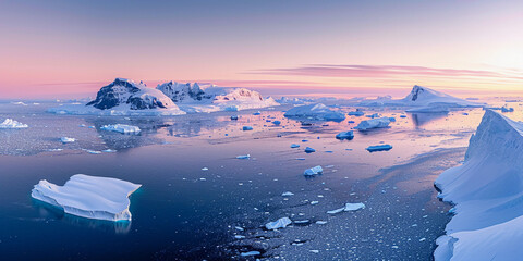 birds-eye view of a snow-covered archipelago, icebergs floating nearby, twilight hour