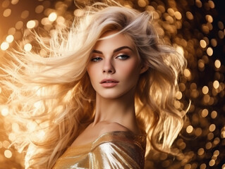 An elegant blonde woman in a gold dress exudes a festive and luxurious atmosphere, perfect for fashion and product advertising.
