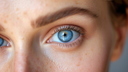 Young woman with striking blue eyes in close-up.