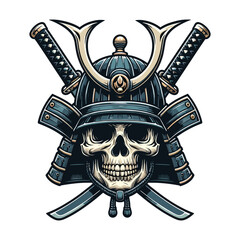 skull head face with samurai helmet design vector illustration. Traditional Japanese culture. Tattoo print. illustration for t-shirt print, fabric and other uses. Isolated on white background
