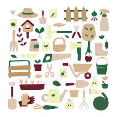 Set of icons of garden tools. Design of garden shop, garden centers. All objects are separated. Vector illustration.