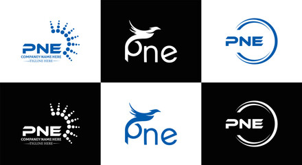 PNE logo. P N E design. White PNE letter. PNE, P N E letter logo design. Initial letter PNE letter logo set, linked circle uppercase monogram logo. P N E letter logo vector design. 