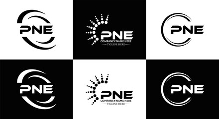 PNE logo. P N E design. White PNE letter. PNE, P N E letter logo design. Initial letter PNE letter logo set, linked circle uppercase monogram logo. P N E letter logo vector design.	
