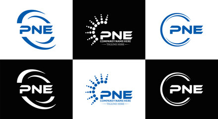 PNE logo. P N E design. White PNE letter. PNE, P N E letter logo design. Initial letter PNE letter logo set, linked circle uppercase monogram logo. P N E letter logo vector design.	
