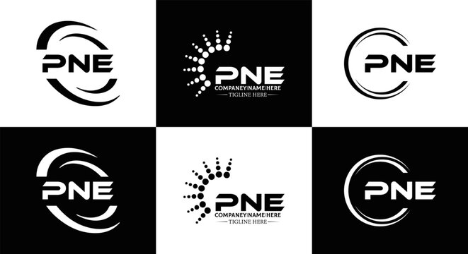 PNE logo. P N E design. White PNE letter. PNE, P N E letter logo design. Initial letter PNE letter logo set, linked circle uppercase monogram logo. P N E letter logo vector design.	
