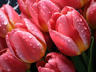 Fototapeta premium Detailed shot of vibrant tulip petals covered in dewdrops.