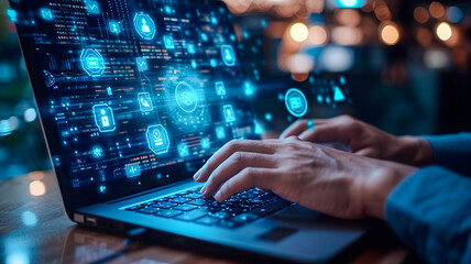 Human using modern computer surfing internet futuristic metaverse, innovative technology background. Digital technology, internet network connection, big data, digital marketing internet of things.