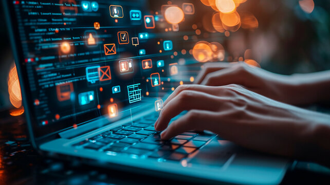 Human using modern computer surfing internet futuristic metaverse, innovative technology background. Digital technology, internet network connection, big data, digital marketing internet of things.