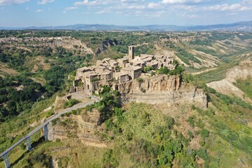 Aerial view of Civita di Bagnoregio, medieval town on top of plateau in Viterbo province, Lazio, Italy