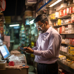 indian man scanning qr code at shop. digital payment concept. - obrazy, fototapety, plakaty