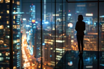 Successful businesswoman in the office during the night looking at the cityscape 