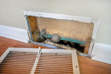 Dirty register wall vent with dust clogging the duct opening in a home