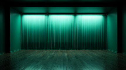 Dark room interior with green glowing neon. Laser linear shape glowing in the dark. Modern corridor or nightclub design. Generative AI