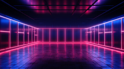 Dark room interior with pink glowing neon. Laser linear shape glowing in the dark. Modern corridor or nightclub design. Generative AI