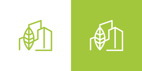 eco building tower vector logo design template. green leaf logo with multi-storey building. environmentally friendly construction logo	