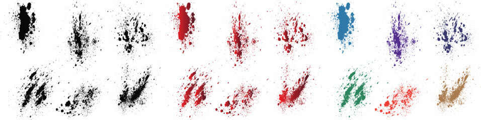 Hand-painted abstract realistic purple, orange, black, red, green, wheat color blood splatter vector brush stroke set