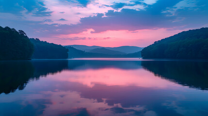 A tranquil lake, with mirror-like water reflecting gradient pastel and neon skies, during a calm...
