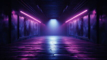 Dark room interior with purple glowing neon. Laser linear shape glowing in the dark. Modern corridor or nightclub design. Generative AI - obrazy, fototapety, plakaty