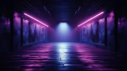 Foto op Canvas Dark room interior with purple glowing neon. Laser linear shape glowing in the dark. Modern corridor or nightclub design. Generative AI © Катерина Нагірна