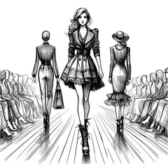 Group of models on a catwalk Hand drawn sketch. Black drawing on transparent background. AI generative illustration - obrazy, fototapety, plakaty