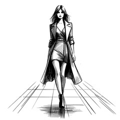 Hand drawn sketch of a model on a catwalk. Black drawing on transparent background. AI generative