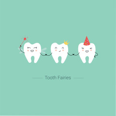 Cute tooth fairies wearing crown and holding star magic wand. Children tooth fairy. Baby girl first lost tooth concept. Concept of medical cabinet, children dentistry.
