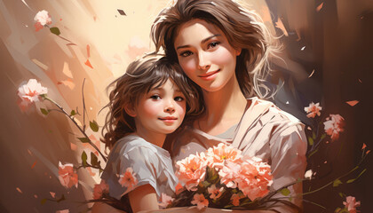 Mother Hugging Daugher And Holding Bouquet Of Flowers For Mother's Day