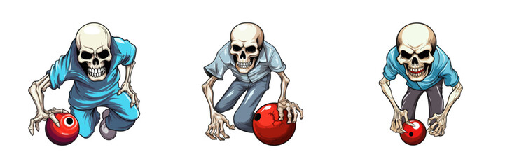 A skull playing bowling. Cartoon vector illustration