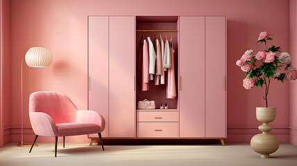 Luxury wardrobe in pink tones, stylish clothes organised on shelves in a large walk-in closet interior. - obrazy, fototapety, plakaty
