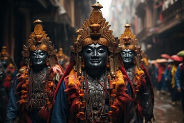 Fototapeta premium Procession of figures in detailed deity masks with golden and red tones