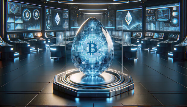 Bitcoin inside Easter egg in titanium steampunk theme with BTC symbol, financial market concept, digital currency, crypto, birth, generative ai