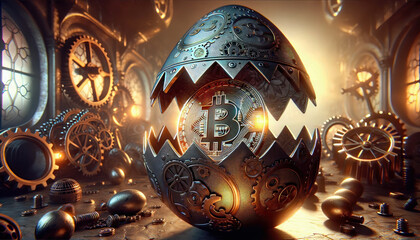 Bitcoin inside Easter egg in titanium steampunk theme with BTC symbol, financial market concept, digital currency, crypto, birth, generative ai