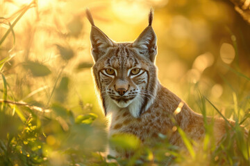 Naklejka na ściany i meble A Lynx bathed in sunlight, with a penetrating stare