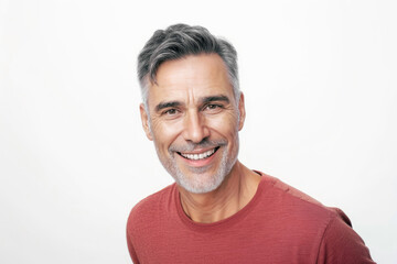 A bright and engaging studio portrait of a 55 age white American male model, showcasing a joyful smile with perfect teeth, casual yet stylish attire