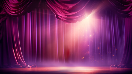 Purple velvet curtain, empty stage filled with lights, with sparkles bokeh, copy space. Festive theater podium, mockup