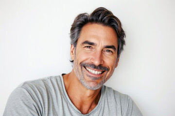 A bright and engaging studio portrait of a 55 age white American male model, showcasing a joyful smile with perfect teeth, casual yet stylish attire