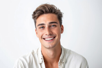 A bright and engaging studio portrait of a young white American male model, showcasing a joyful smile with perfect teeth, casual yet stylish attire