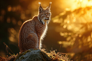 A Lynx bathed in sunlight, with a penetrating stare - obrazy, fototapety, plakaty