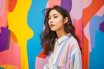 Asian young woman standing in front of a colorful wall