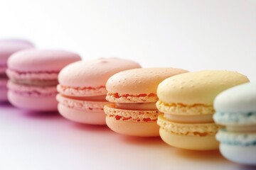 Fototapeta na wymiar A collection of pastel-colored macarons artfully arranged in a gradient, macaroon, macaron, food, macaroons in pink, peach fuzz and yellow colors