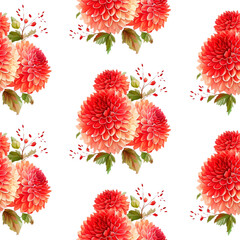 Seamless pattern with red watercolor flowers. Elegant endless botanical print wallpaper background. Repeat the fashionable print on fabric and clothing.