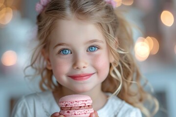 A little girl with blue eyes holds a pink macaron with delight, a small girl smiling and holding pastel-colored strawberry macaron