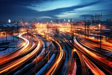 Nighttime at the railway crossroad, with city lights and highspeed trains blurring by, crossroad of railway, picture with many trains, high speed, train from different time, night, traffic at night - obrazy, fototapety, plakaty