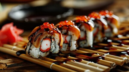 Savory sushi rolls topped with sesame seeds and drizzled with soy sauce.